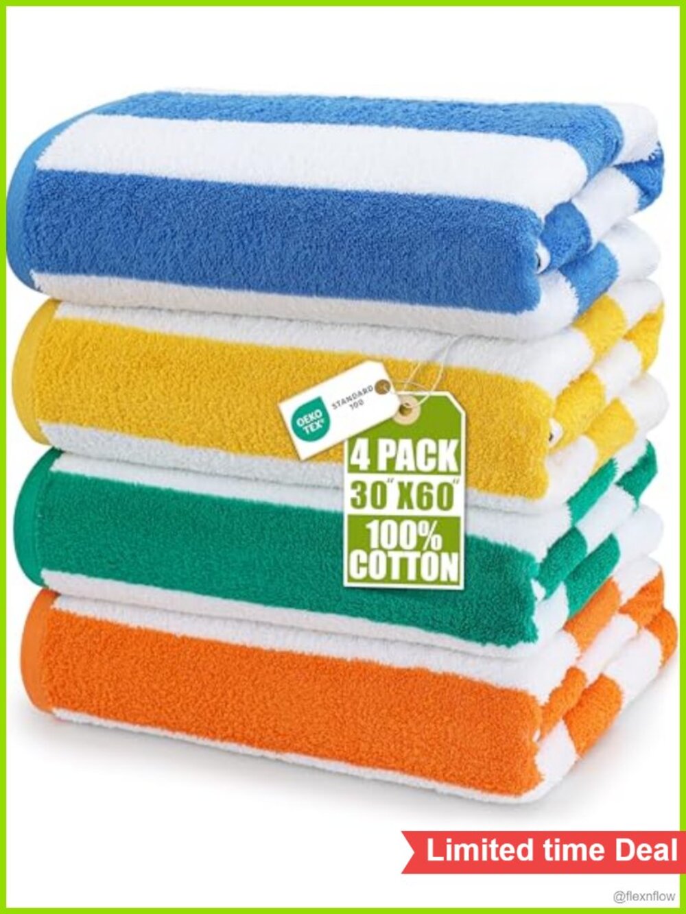 Ring-Spun Cotton Beach Towels 4 Pack 30x60 Cabana Stripe Oversized
